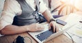 Closeup Bearded Businessman Wearing White Shirt Waistcoat Working Modern Office Startup Project.Creative Young Guy Using Royalty Free Stock Photo