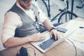 Closeup Bearded Businessman Wearing White Shirt Waistcoat Working Modern Studio Startup Project.Creative Young Guy Using Royalty Free Stock Photo