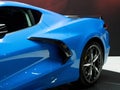 Closeup of a beautiful blue 2 door coupe all-new 2020 Corvette Stingray sports car