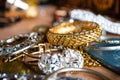 Closeup of beautiful costume jewelry, earrings, beads, bracelets and rings Royalty Free Stock Photo