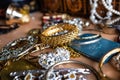 closeup of beautiful costume jewelry, earrings, beads, bracelets and rings Royalty Free Stock Photo