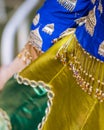 Closeup of beautiful embroidered lehnga, Yellow blue and green lehnga Royalty Free Stock Photo