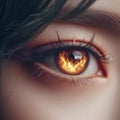 a closeup beautiful eye of a female person. burning glowing fire in the eye iris. ai generative Royalty Free Stock Photo