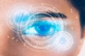 Closeup of beautiful eye woman process scanning with technology, visual hologram, digital display information Royalty Free Stock Photo