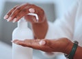 Closeup of beautiful female hands washing using hand sanitizer with care. African American lady cleaning her skin for Royalty Free Stock Photo
