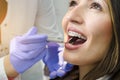 Closeup of beautiful girl on dental braces check up Royalty Free Stock Photo