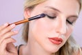 Closeup beautiful girl with flawless applying alluring eye shadow makeup. Royalty Free Stock Photo