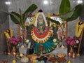 Closeup of beautiful goddess Vara Mahalakshmi decoration with flowers, fruits