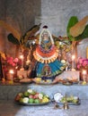 Closeup of beautiful goddess Vara Mahalakshmi decoration with flowers, fruits