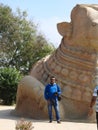 Closeup of beautiful huge or big Lord Shiva Vehicle Nandi, Basava in a blue sky background