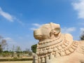 Closeup of beautiful huge or big Lord Shiva Vehicle Nandi, Basava in a blue sky background