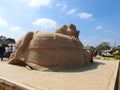 Closeup of beautiful huge or big Lord Shiva Vehicle Nandi, Basava in a blue sky background