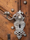 Beautiful old doorhandle and decoration made of silver on a brown door Royalty Free Stock Photo