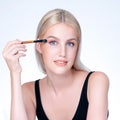 Closeup beautiful personable girl with flawless applying eye shadow makeup. Royalty Free Stock Photo