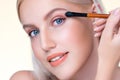 Closeup beautiful personable girl with flawless applying eye shadow makeup. Royalty Free Stock Photo