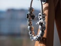 Closeup of a beautiful silver bracelet with decorations