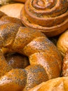 Closeup of a beautiful still-life from bread, pastry products wi Royalty Free Stock Photo