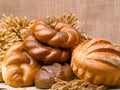 Closeup of a beautiful still-life from bread, pastry products wi Royalty Free Stock Photo