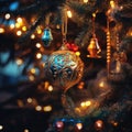 Closeup of beautiful tree with lights and ornament