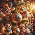 closeup of beautiful tree with lights and ornaments