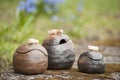 Closeup of beautiful unique handmade three pots Royalty Free Stock Photo