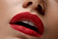 Closeup Beautiful Woman Lips With Red Lipstick On. Beauty Makeup Royalty Free Stock Photo