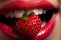 Closeup of woman mouth and fresh strawberry. Generative AI. Royalty Free Stock Photo