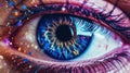 Closeup of a beautiful woman\'s eye. Abstract colorful iris. Long eyelashes and glitter makeup. Royalty Free Stock Photo