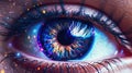 Closeup of a beautiful woman\'s eye. Abstract colorful iris. Long eyelashes and glitter makeup. Royalty Free Stock Photo