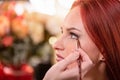 Closeup Of Beautiful Young Woman Face With Beauty Makeup, Fresh Soft Skin And Long Black Thick Eyelashes Applying Royalty Free Stock Photo