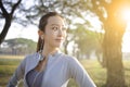 Closeup beautiful young woman face before running in the park at  morning Royalty Free Stock Photo