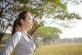 Closeup beautiful young woman face before running in the park at  morning Royalty Free Stock Photo