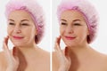 Closeup before after Beauty middle age woman face portrait. Before-after Spa anti wrinkled aging female body parts concept. Mid- Royalty Free Stock Photo