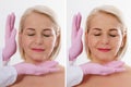 Closeup before after Beauty middle age woman face portrait. Before-after Spa anti wrinkled aging female body parts concept. Mid- Royalty Free Stock Photo