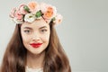 Closeup Beauty Portrait of Beautiful Model with Healthy Hair, Makeup and Flowers Wreath. Spring Beauty Woman Face Royalty Free Stock Photo