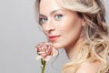 Closeup beauty portrait of young attractive blonde woman smiling face with clean skin Royalty Free Stock Photo