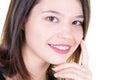 Closeup beauty young happy woman looks in camera portrait Royalty Free Stock Photo