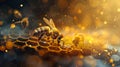 A closeup of a bee depositing honey into a hexagonal compartment highlighting the secure and transparent nature of data Royalty Free Stock Photo