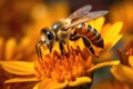 Closeup Of Bee Pollinating Vibrant Flower, Emphasizing The Role Of Pollinators In Maintaining Healthy Ecosystem. Generative AI