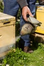 Closeup of bee smoker on hive at farm