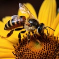 Closeup bee on sunflower, natures pollination captured Royalty Free Stock Photo