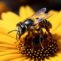 Closeup bee on sunflower, natures pollination captured Royalty Free Stock Photo