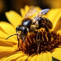 Closeup bee on sunflower, natures pollination captured Royalty Free Stock Photo