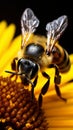 Closeup bee on sunflower, natures pollination captured Royalty Free Stock Photo