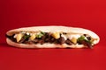 Closeup of a beef shawarma sandwich on a red background Royalty Free Stock Photo