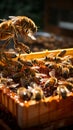 Closeup beekeeper with honeycomb frame, bees crafting liquid gold, a symbiotic dance