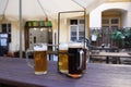 Closeup of beer stein glasses. Different varieties of beer