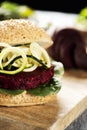 Beet burger sandwich on a table