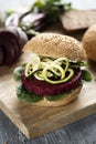 Beet burger sandwich on a table