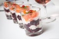 Beet and salmon appetizers in little glasses on white background